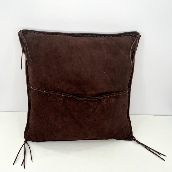 Vintage tooled patchwork leather suede 17” square pillow - Picture 4 of 6